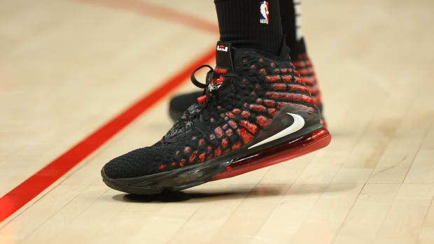 Portland Trail Blazers forward Larry Nance Jr. wears the Nike LeBron 17.
